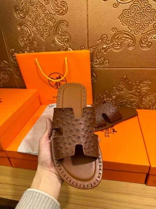 HERMES || Cloud Ostrich Leather Designer Slides Sandals- FASHION MYST
