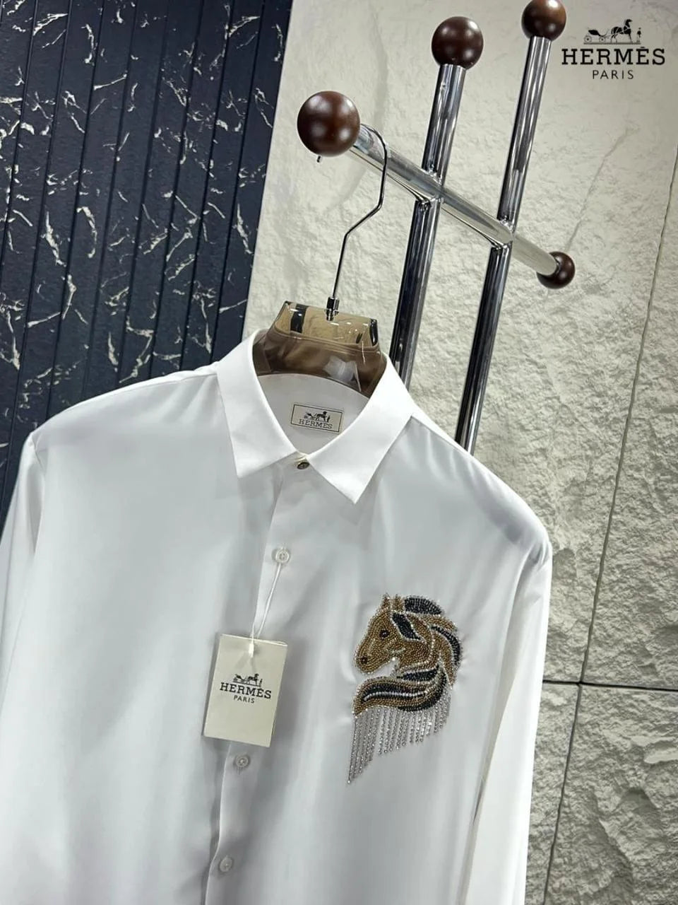 hermes dress shirt HERMES || Crystal-Embellished Horse Logo Shirt For Men – FASHION MYST