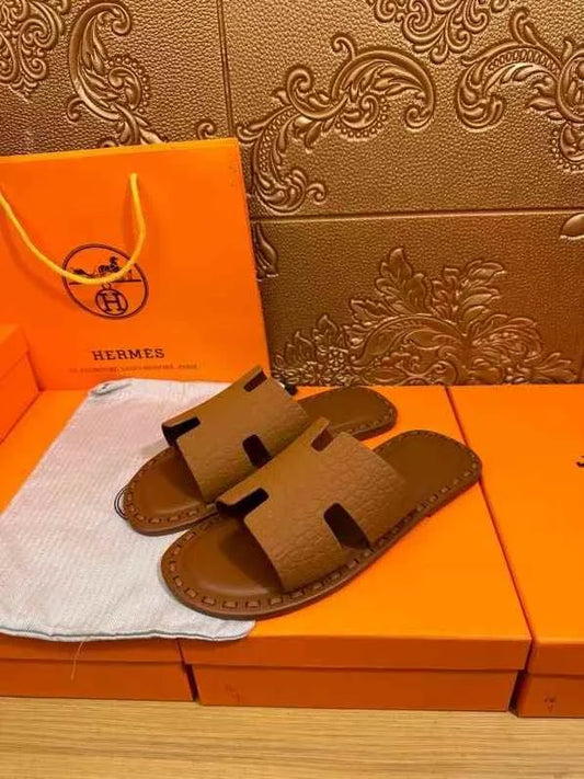 HERMES || H Designe Leather Slides Sandals For Men - BROWN- FASHION MYST