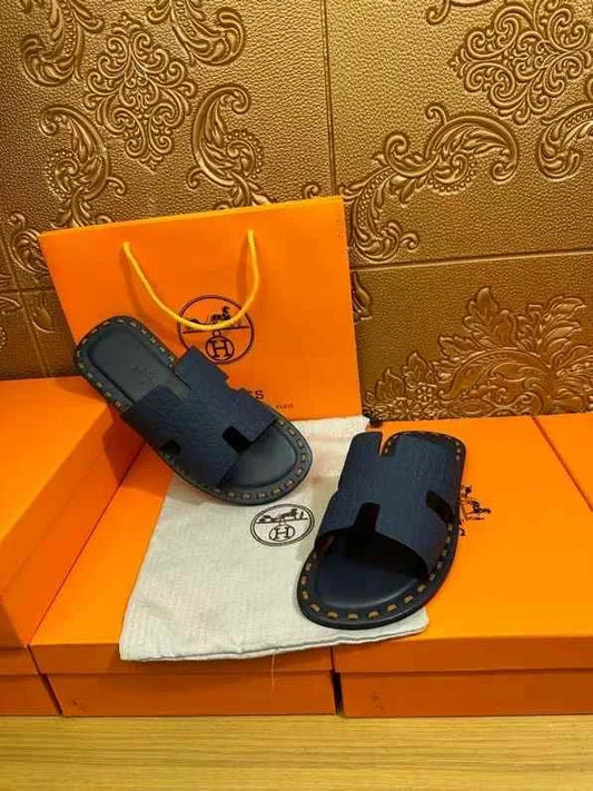 HERMES || H Designe Leather Slides Sandals For Men / BLUE- FASHION MYST