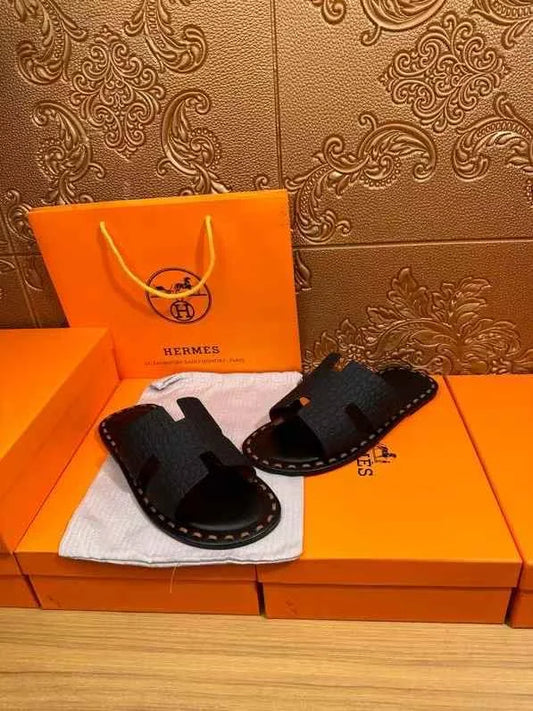 HERMES || H Designe Leather Slides Sandals For Men- FASHION MYST