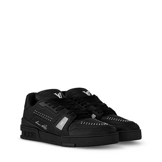 LOUIS VUITTON || LV Trainer Low-Top Sneakers – Black Pebbled Leather with Silver Accents