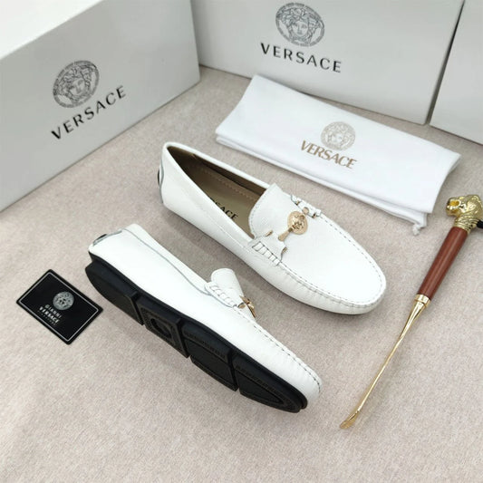 VERSACE || White Leather Loafers with Medusa Emblem