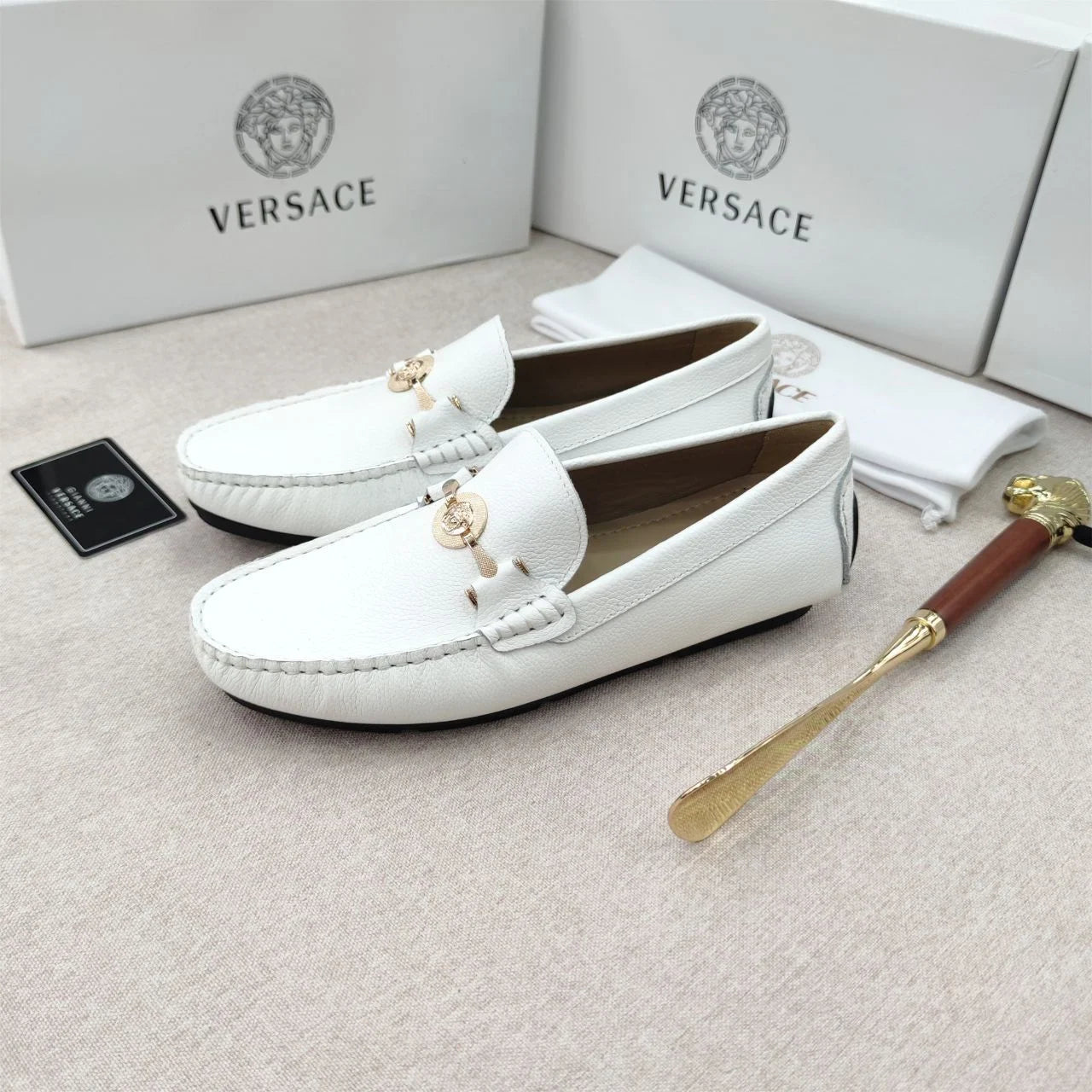 VERSACE || White Leather Loafers with Medusa Emblem – FASHION MYST
