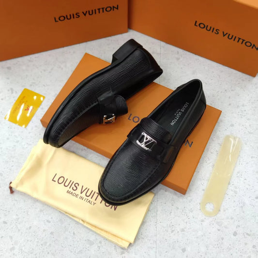 LOUIS VUITTON || Black Leather Loafers with Silver LV Buckle | Made in Italy