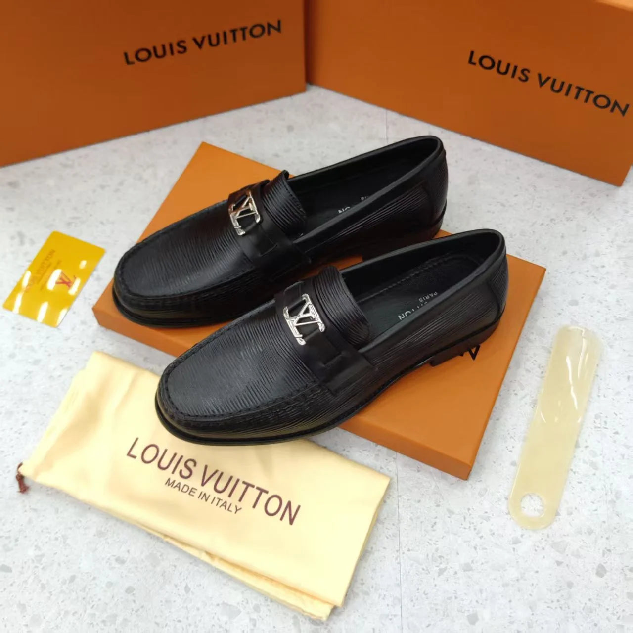 LOUIS VUITTON || Black Leather Loafers with Silver LV Buckle  display picture 3
