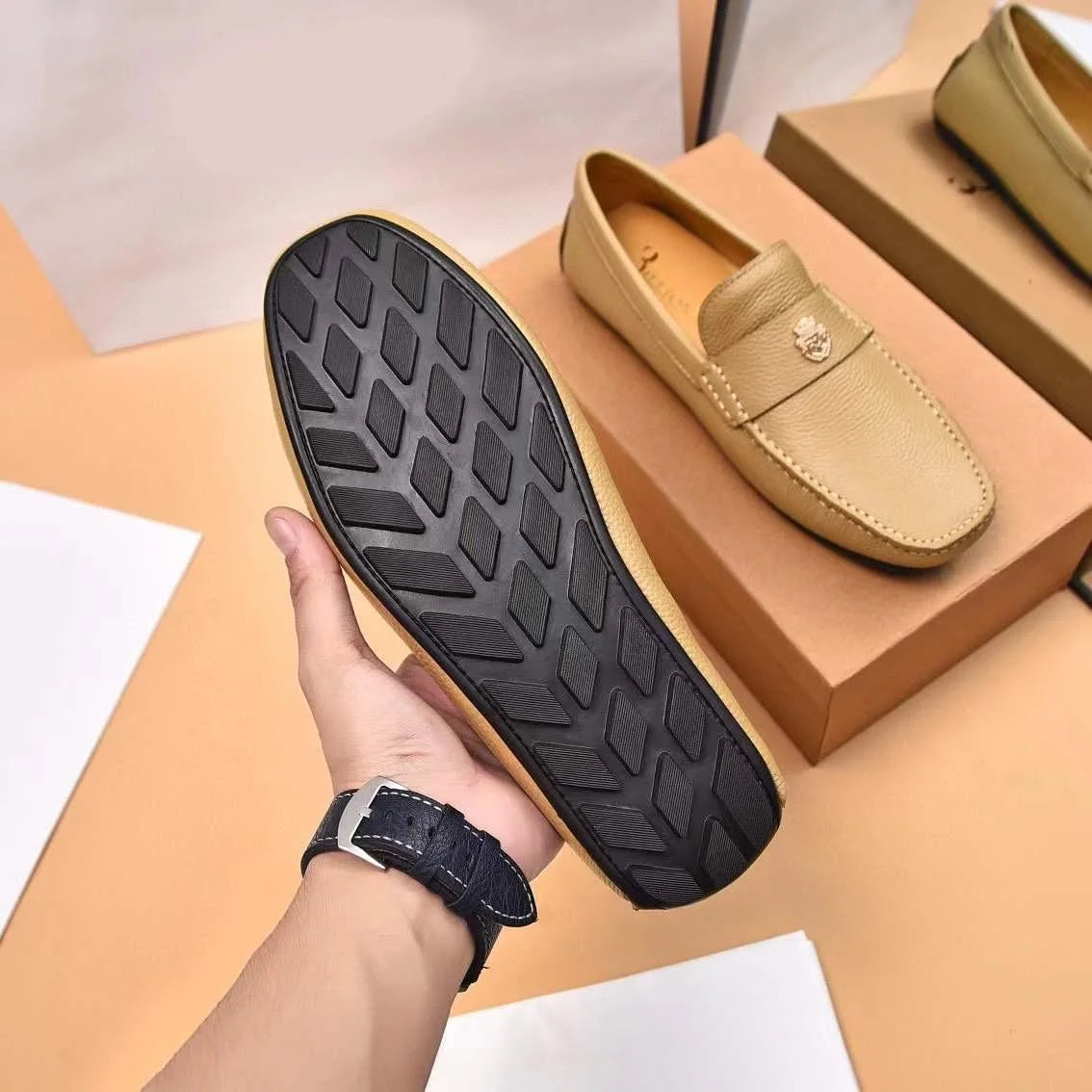 BILLIONAIRE || Beige/Black Leather Loafers – Premium Italian Craft