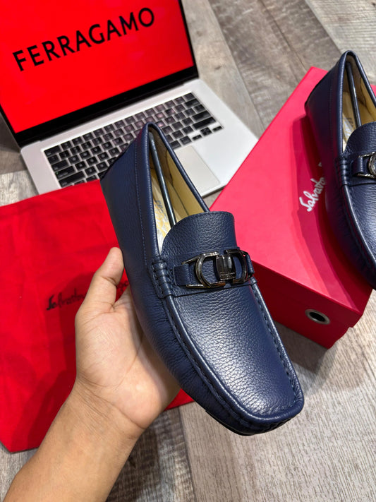FERRAGAMO || Blue Leather Loafers – Luxury Formal Footwear