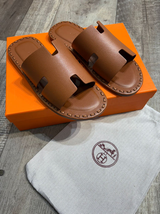 HERME'S || Leather "H" Cut Slides – Tan Brown | Elegant Everyday Comfort
