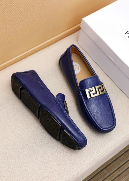 VERSACE || Royal Blue Leather Loafers with Signature Gold Buckle