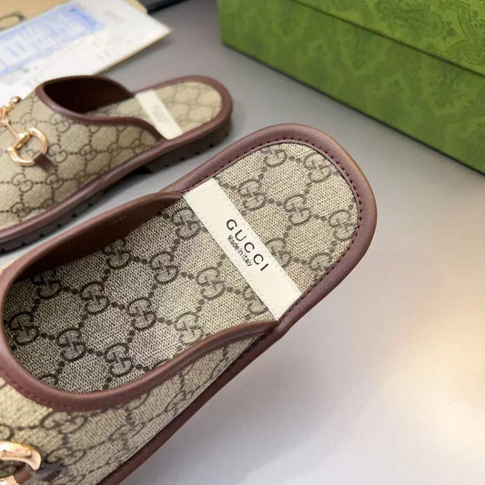 GUCCI || GG Monogram Horsebit Flat Mules Brown Slipper