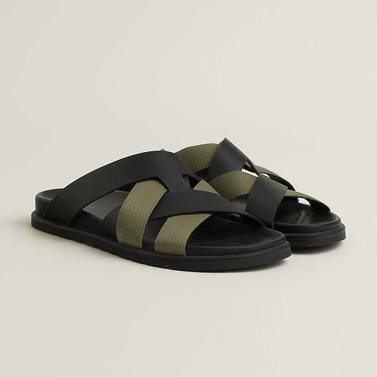 HERMES || Black and Olive Green Cross-Strap Sandals- FASHION MYST