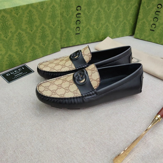GUCCI || Men’s Brown GG Loafers with Black Leather Strap