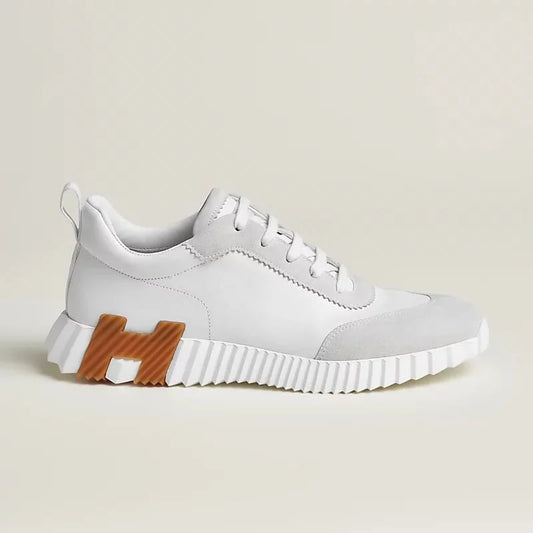 HERMES || Modern White Bouncing Sneakers With Contrast Brown H Detailing