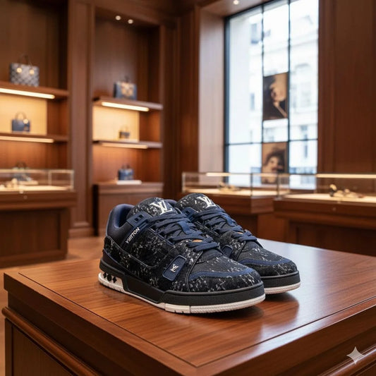 LOUIS VUITTON || Men's LV Trainer Blue Distressed Denim Low-Top Sneakers