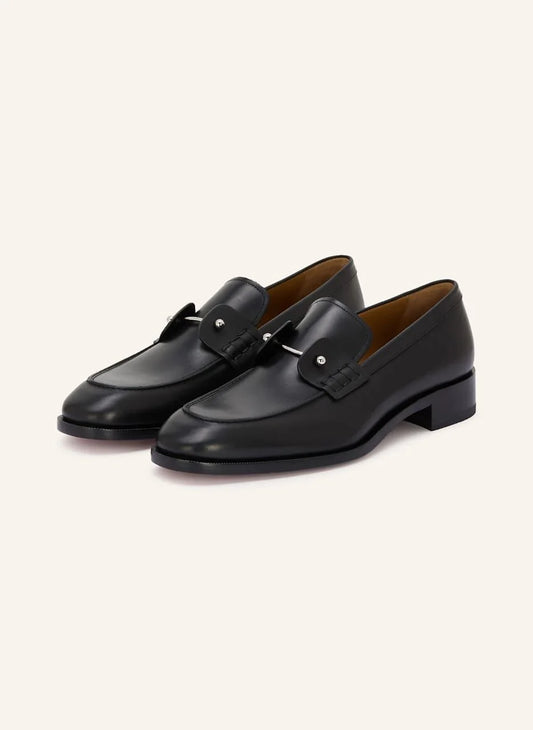 CHRISTIAN LOUBOUTIN || Black Calfskin Leather Loafers with Signature Red Sole