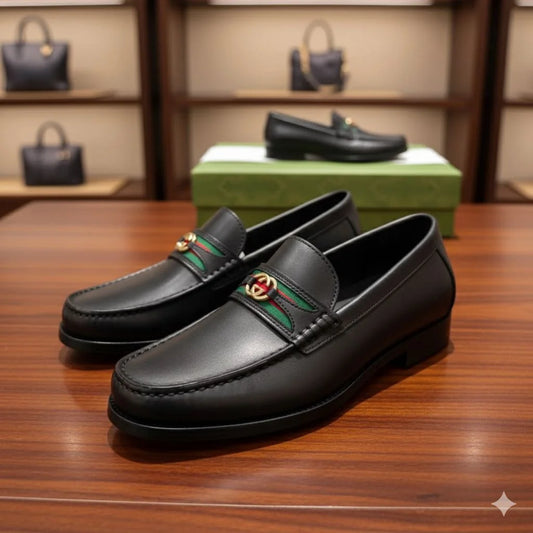 GUCCI || Men's Web Loafer - Black Leather with Green/Red Web & Double G - FASHION MYST