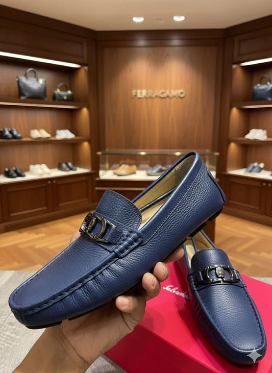 SALVATORE FERRAGAMO || Blue Grained Leather Gancini Loafers - FASHION MYST