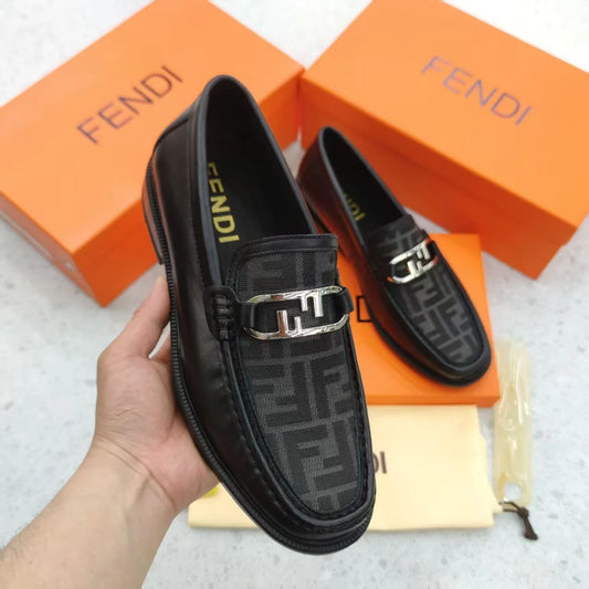 FENDI || FF Fabric and Black Leather Loafers with Silver-Tone O'Lock Hardware