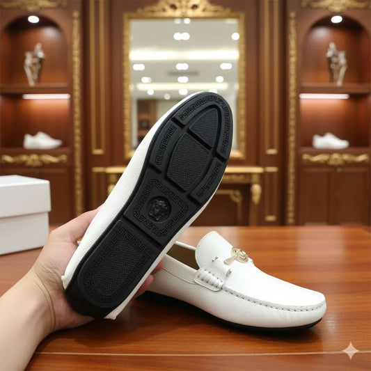 VERSACE || Men's Medusa Biggie Loafers - White Grained Leather with Gold Hardware