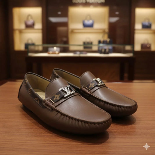 LOUIS VUITTON || Men's Hockenheim Loafers - Black/Brown Monogram Empreinte Leather - FASHION MYST