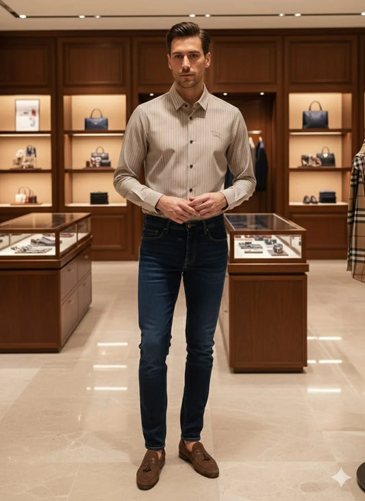 BURBERRY || Men’s Slim-Fit Pinstripe Cotton Lycra Shirt With Equestrian Knight Logo