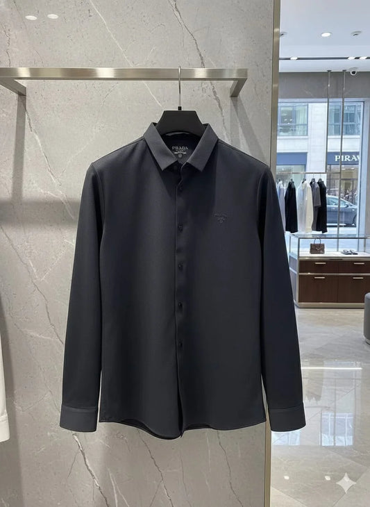 PRADA || Men’s Long-Sleeve Piqué Tech-Fabric Shirt in Anthracite Grey