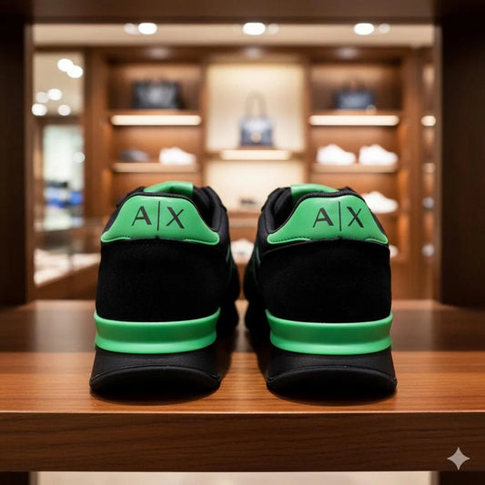 ARM*NI EXCH*NGE || Men’s Logo Patch Suede & Mesh Sneakers - Black/Lime Green