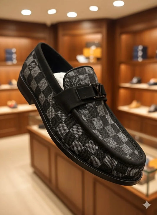 LOUIS VUITTON || Men's Damier Cobalt Canvas Loafers with LV Initial Hardware