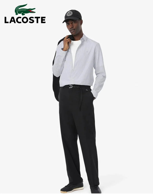 LACOSTE || Men's Long Sleeve Button-Down Shirt, Striped Oxford Style with Tonal Crocodile Logo