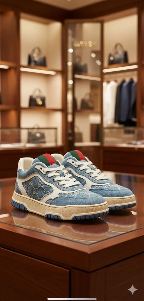GUCCI || Mac80 GG Supreme Denim & Leather Sneakers (Blue/White)