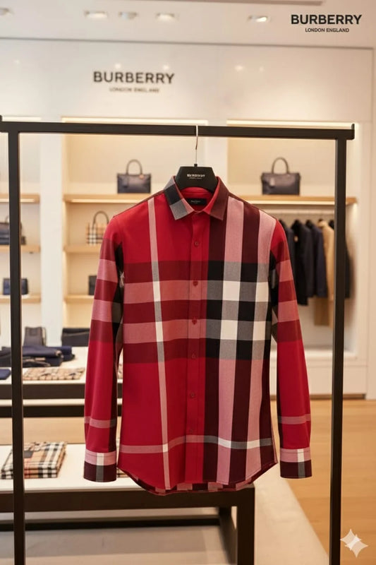 BURBERRY || Men’s Red Oversized Check Cotton Poplin Button-Down Shirt