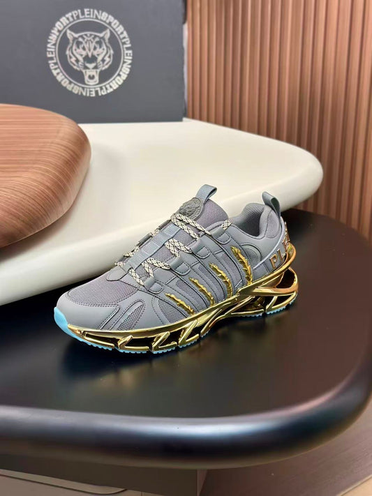 PHILIPP PLEIN || Sport Men's Thunder Gold Metallic & Grey Technical Mesh Sneakers
