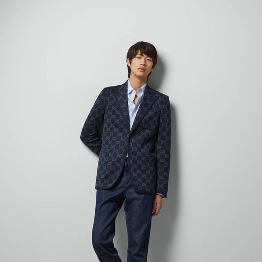 GUCCI || GG Monogram Canvas Single-Breasted Blazer in Blue- FASHION MYST