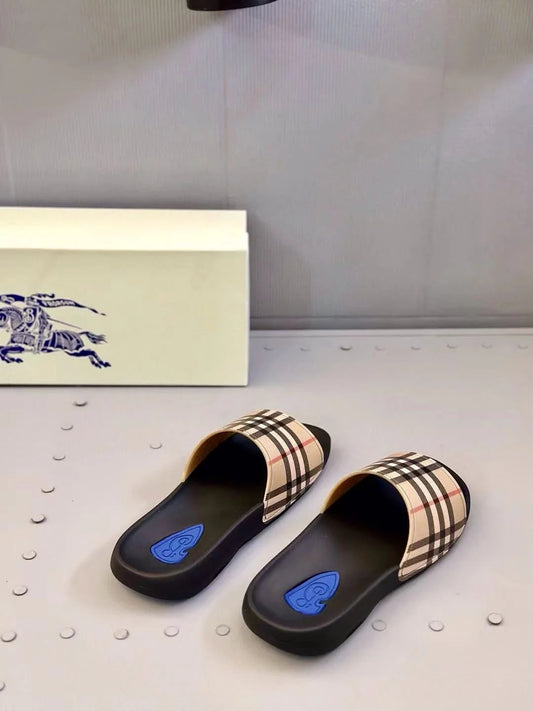 BURBERRY || Vintage Check Slides with Blue Logo Inset - Luxury Men’s/Unisex Sandals- FASHION MYST