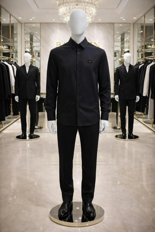 BALMAIN || Men’s Luxury Long-Sleeve Dress Shirt with Branded Metal Chest Badge- FASHION MYST