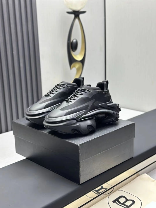 BALMAIN || Unicorn Low-Top Sneakers in Neoprene and Leather – Matte Black