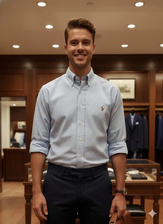 POLO RALPH LAUREN || Men's Slim Fit Yellow/Skyblue Gingham Oxford Shirt – Button-Down Collar- FASHION MYST