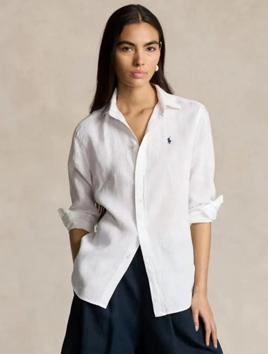 POLO RALPH LAUREN || Women’s Relaxed Fit Linen Shirt – Iconic Pony Embroidery | Lightweight Designer Button-Down in Black & White- FASHION MYST