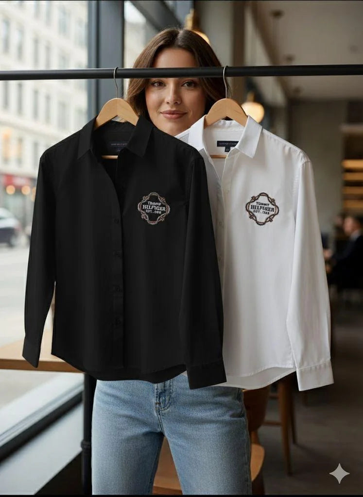 TOMMY HILFIGER || Women’s Heritage Logo Shirt – Relaxed Fit Cotton Button-Down | Classic "Est. 1985" Embroidered Blouse in Black & White