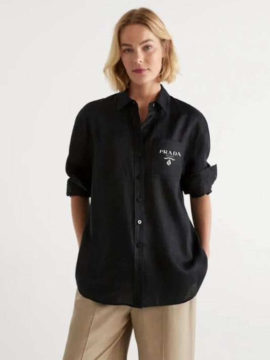 PRADA || Milano Women’s Logo Pocket Linen Shirt – Oversized Button-Down | Luxury Designer Blouse in Black & White