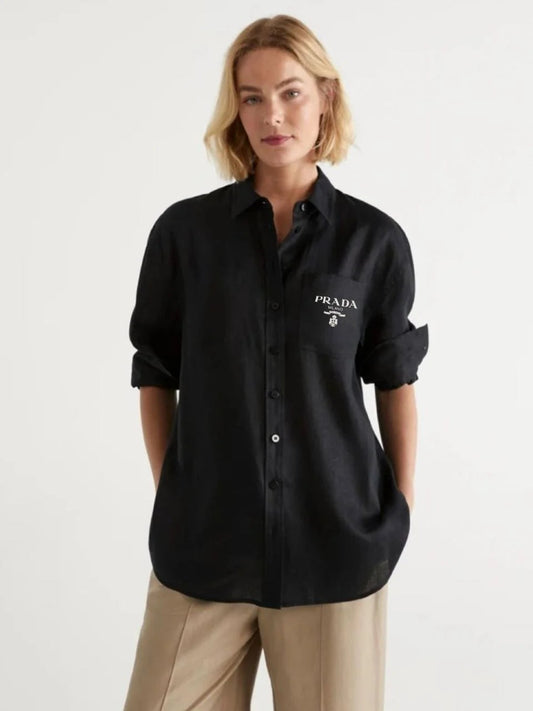 PRADA || Milano Women’s Logo Pocket Linen Shirt – Oversized Button-Down | Luxury Designer Blouse in Black & White- FASHION MYST