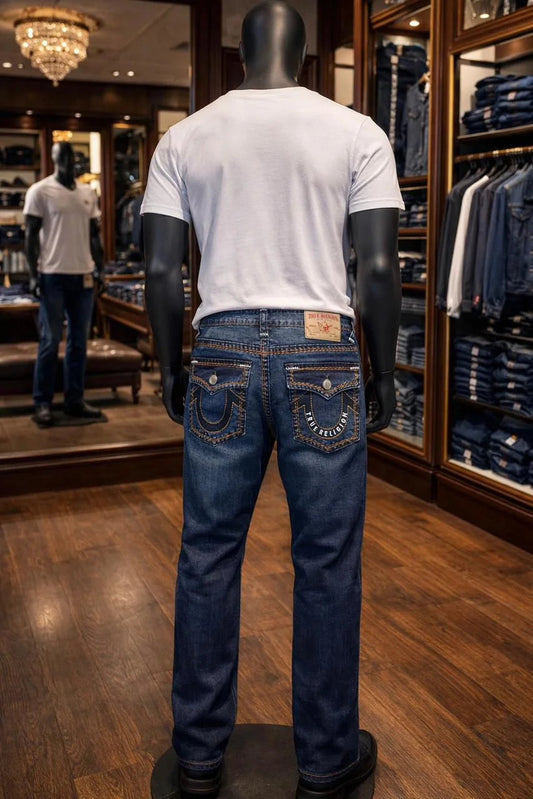 TRUE RELIGION || Men's Super T Straight Leg Jeans - Contrast Rope Stitch Denim with Buddha Pocket Embroidery- FASHION MYST