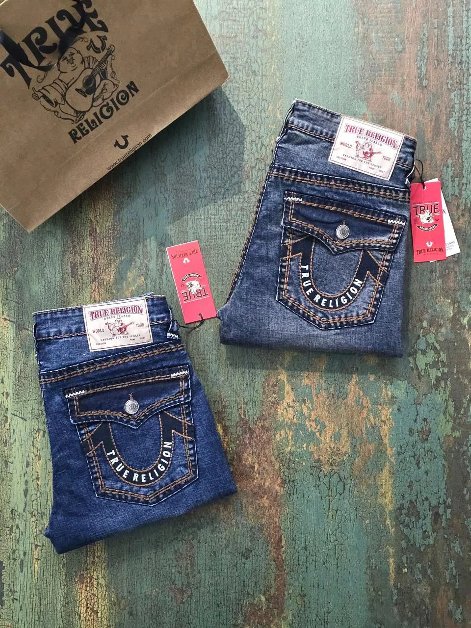 TRUE RELIGION || Men's Super T Straight Leg Jeans - Contrast Rope Stitch Denim with Buddha Pocket Embroidery