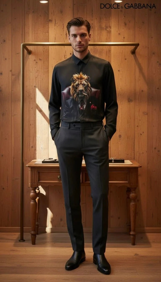 DOLCE & GABBANA || Men’s "Godfather Lion" Graphic Print Silk Shirt – Charcoal Black FASHION MYST