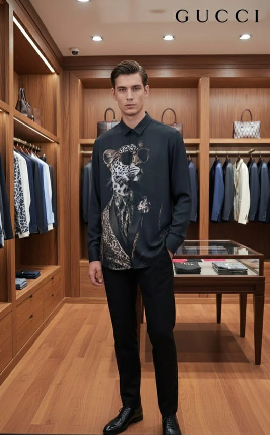GUCCI || Men’s "Leopard in Suit" Graphic Print Silk-Blend Shirt – Charcoal Grey
