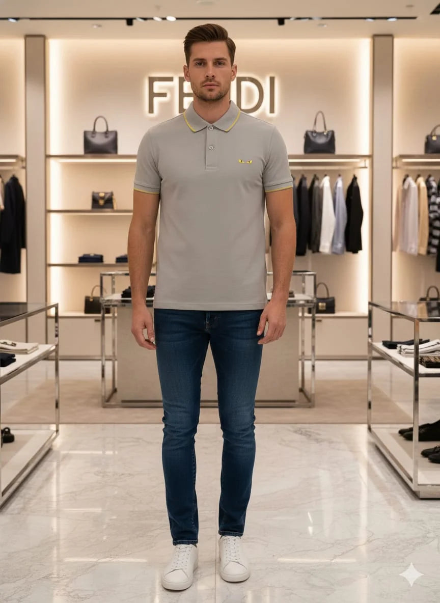FENDI || Men's Bag Bugs Eyes Polo Shirt – Contrast Tipped Piqué Cotton