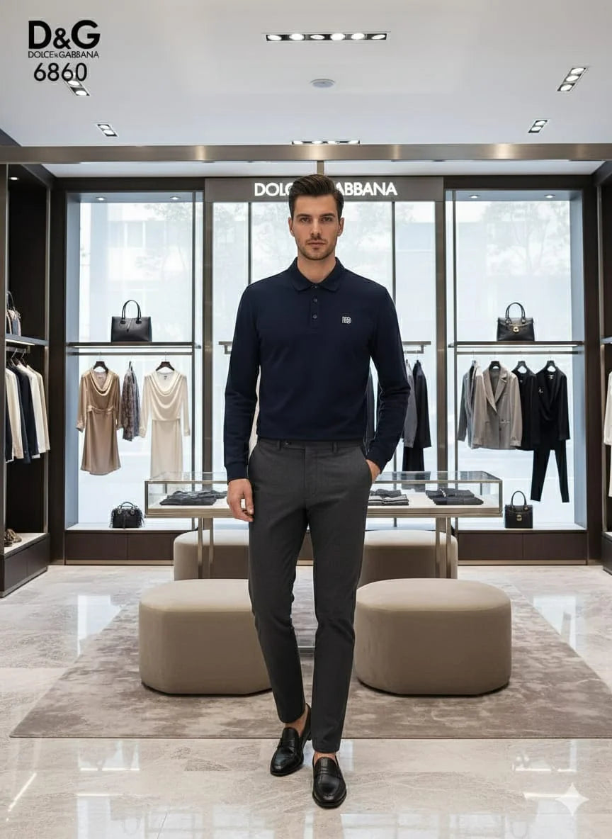 DOLCE & GABBANA || Men’s Long-Sleeve Piqué Polo Shirt – Slim Fit Embroidered DG Logo