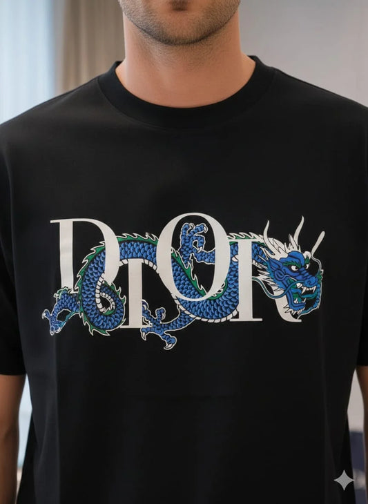 CHRISTIAN DIOR || Men’s Lunar New Year Dragon Logo T-Shirt - Black Cotton Jersey