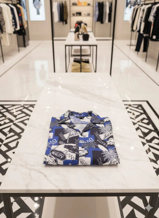 VERSACE || Men’s Blue Collage Graphic Print Silk Shirt – Slim Fit Short Sleeve Cuban Collar